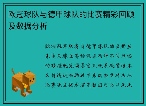 欧冠球队与德甲球队的比赛精彩回顾及数据分析