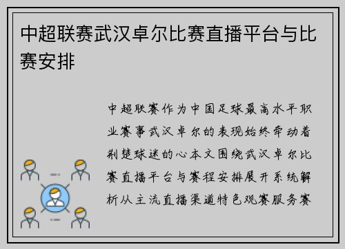 中超联赛武汉卓尔比赛直播平台与比赛安排